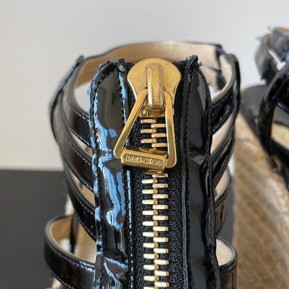 Jimmy Choo Black Patent Leather Zipper Espadrille Wedge Size 39 - Picture 5 of 11